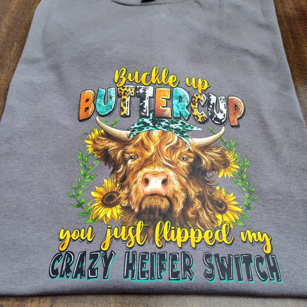 Gray Graphic Tee with Colorful Cow Design